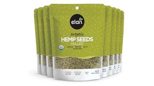 Elan Natural Hulled Hemp Seeds, Shelled Hemp Seeds, Uncooked Hemp Hearts, No Components, Non-GMO, Vegan, Gluten-Free, Supply of Omega-3 & Omega-6, Excessive in Protein, 8 pack of 5.8 oz