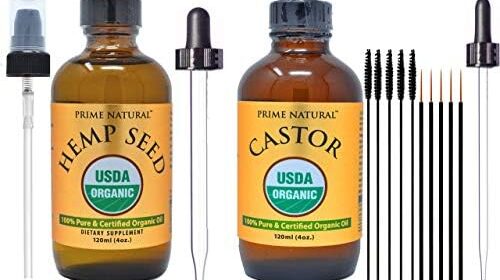 PRIME NATURAL Natural Hemp Seed Oil & Natural Castor Oil – Chilly Pressed, Virgin, Unrefined – 4oz/120ml every – 2 Oil Bundle